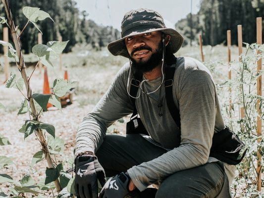 Desmond Baskerville (in photo) and Christopher Lemons are co-founders of Gratitude Botanical Farm, one of several AgLanta Grows-a-Lot sites secured and supported through a partnership with the Atlanta Mayor’s Office of Resilience and Groundwork Atlanta. Baskerville and Lemons are passionate about providing education and access to healthy, local food for neighbors in the Collier Heights community, a designated USDA food desert. Hundreds of growers, including those participating in the Grows-a-Lot program, receive financial and technical resources from Food Well Alliance, a collaborative network of local leaders working to build thriving community gardens and farms across metro Atlanta. Photos: Caleb Jones.