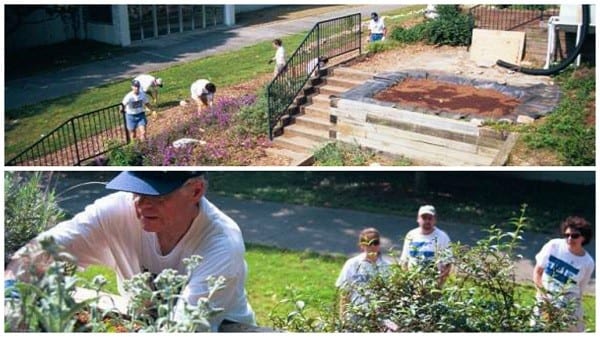 Southface staff happily work in the garden. Interns and senior staff alike still grow potatoes, greens, tomatoes and tend to our fruit trees on campus every week.