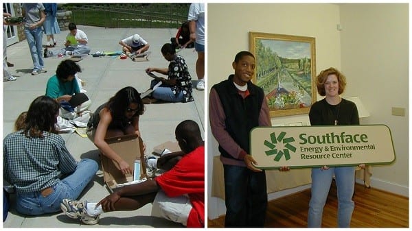 Staff proudly hold up a new Southface sign--can you recognize the young lady on the right?